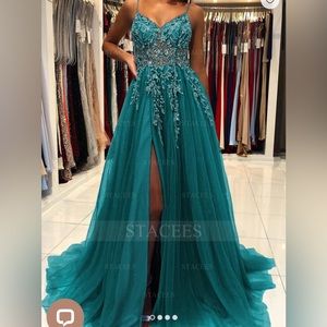 A-line V Neck Spaghetti Straps Sweep Train Tulle Prom Dress With Beading Sequins